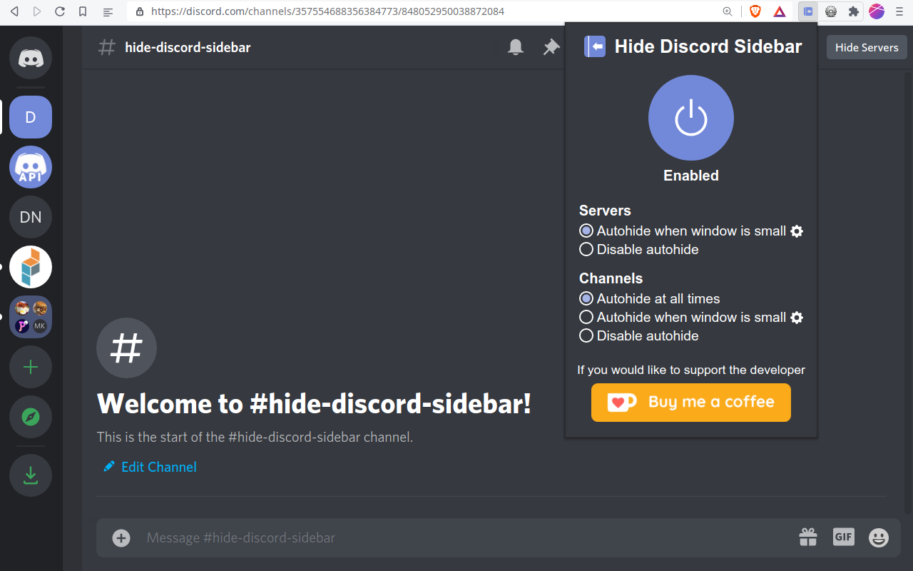 Hide Discord Sidebar on Chrome screenshot